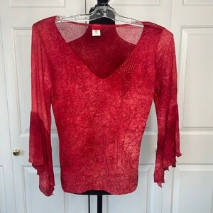 Hailee Red Shirt with Glitter Swirls, V Neck and 3/4 Sleeves Size L